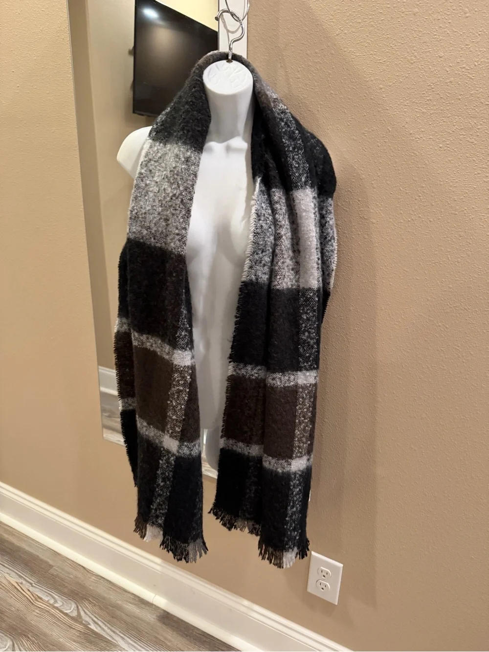 Source Unknown Black and Gray Plaid Fringe Scarf
